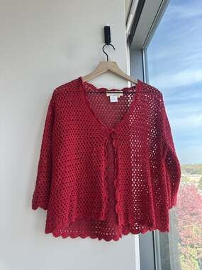 Vintage Norm Thompson Linen Cotton Red Crochet Open Knit Cardigan Sweater Sz 1X